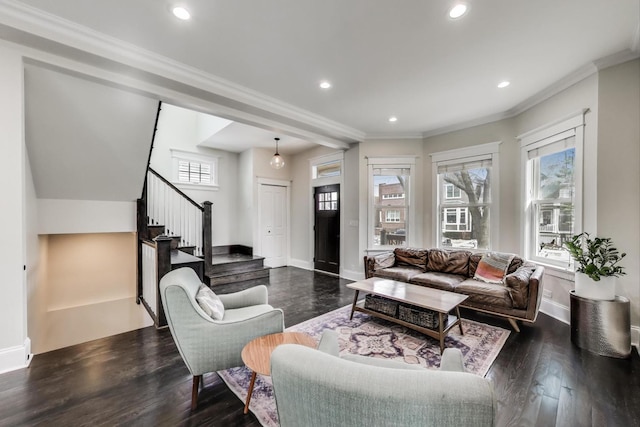 2642 N Drake Ave, Chicago, IL 60647 - living room featuring stairway, dark wood finished floors, crown molding, and recessed lighting