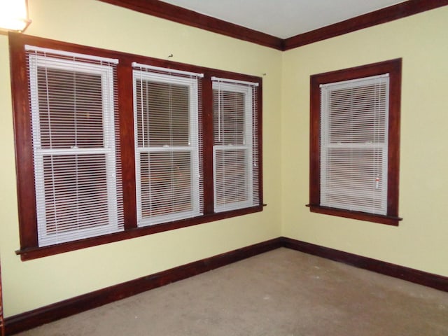 carpeted empty room with crown molding and baseboards