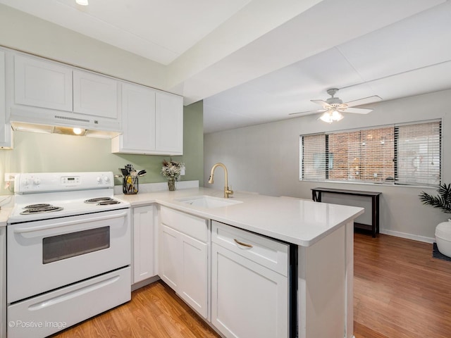 kitchen with a peninsula, light wood-style flooring, a sink, under cabinet range hood, and electric stove
