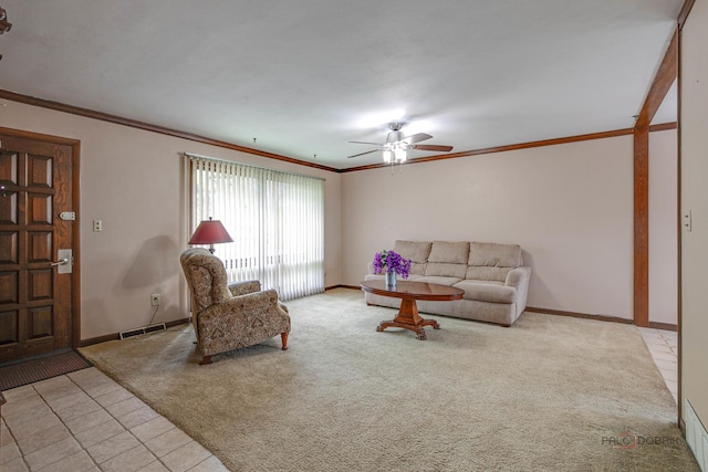 33170 N Battershall Rd, Grayslake, IL 60030 - carpeted living room featuring ornamental molding, baseboards, a ceiling fan, and tile patterned floors