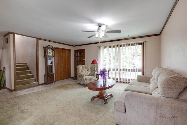 33170 N Battershall Rd, Grayslake, IL 60030 - carpeted living room featuring a ceiling fan, stairway, crown molding, and tile patterned floors