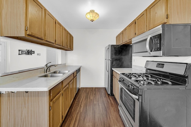 kitchen with a sink, dark wood-style flooring, baseboards, light countertops, and appliances with stainless steel finishes