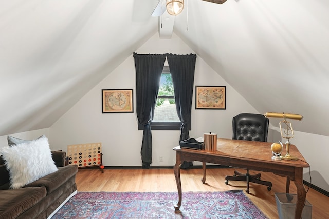 5802 Tennessee Ave, Clarendon Hills, IL 60514 - home office featuring a ceiling fan, vaulted ceiling, wood finished floors, and baseboards