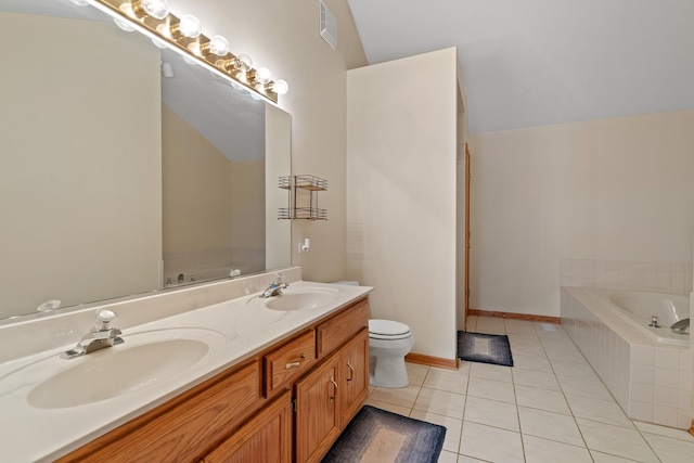 full bath with a bath, lofted ceiling, tile patterned flooring, and a sink