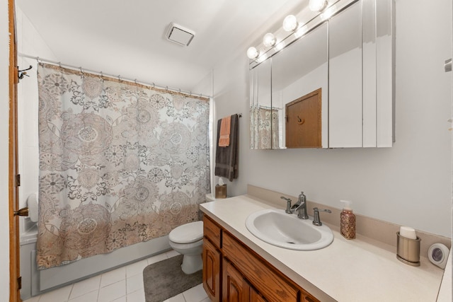 bathroom with visible vents, tile patterned flooring, shower / tub combo, vanity, and toilet