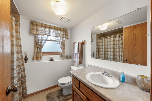 bathroom with vanity, toilet, tile patterned floors, a shower with shower curtain, and visible vents