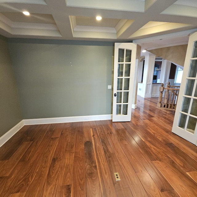 9065 Edinburgh Ct, Lakewood, IL 60014 - unfurnished room featuring wood finished floors, beamed ceiling, baseboards, french doors, and coffered ceiling