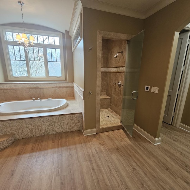 9065 Edinburgh Ct, Lakewood, IL 60014 - bathroom featuring a chandelier, baseboards, wood finished floors, a bath, and a stall shower