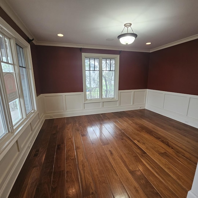 9065 Edinburgh Ct, Lakewood, IL 60014 - empty room with visible vents, ornamental molding, recessed lighting, a wainscoted wall, and dark wood finished floors