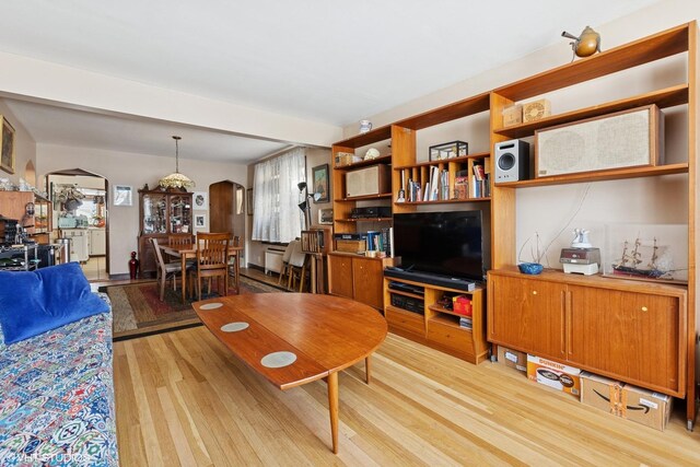 living room featuring light wood-type flooring and arched walkways
