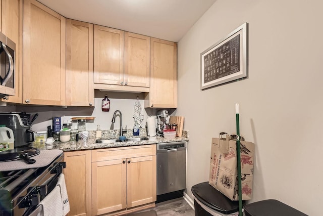 kitchen with a sink, light brown cabinetry, and stainless steel appliances