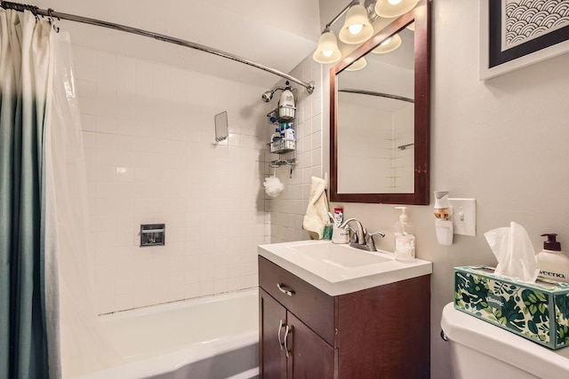 full bathroom with toilet, shower / bathtub combination with curtain, and vanity