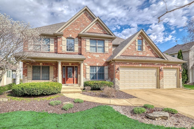 view of front of property with brick siding, driveway, a garage, and a shingled roof