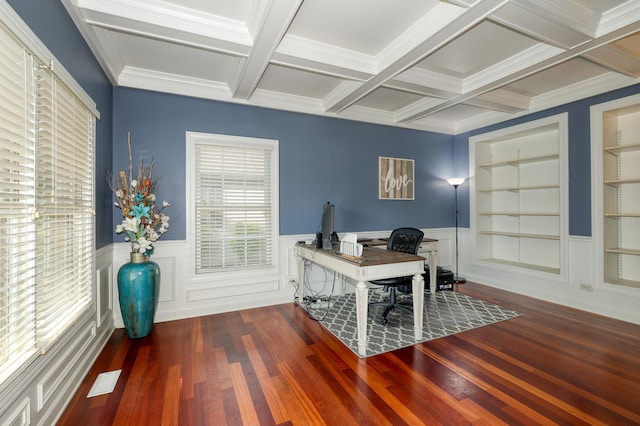 office area featuring built in shelves, coffered ceiling, beam ceiling, hardwood / wood-style floors, and a wainscoted wall
