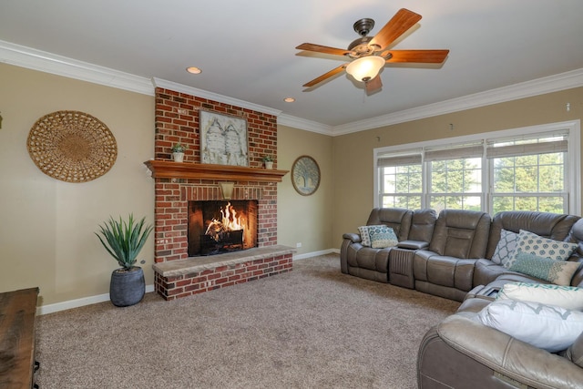 carpeted living room featuring ornamental molding, a fireplace, baseboards, a ceiling fan, and recessed lighting
