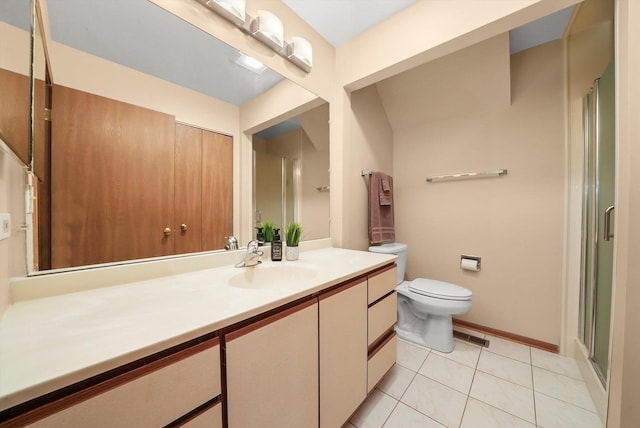 bathroom with visible vents, tile patterned flooring, a shower stall, vanity, and toilet