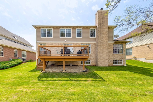 1330 Horizon Trl, Wheeling, IL 60090 - back of house featuring a wooden deck, a chimney, a yard, and stairway
