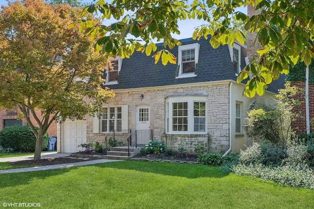 1404 Lincoln St, Evanston, IL 60201 - view of front of house with a shingled roof, a front lawn, mansard roof, stone siding, and a garage