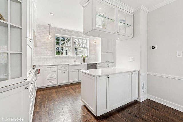 1404 Lincoln St, Evanston, IL 60201 - kitchen featuring a sink, dishwasher, backsplash, a peninsula, and ornamental molding