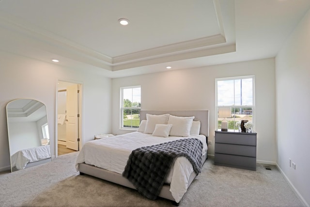 9303 Enstrom Ln, Huntley, IL 60142 - bedroom featuring a tray ceiling, multiple windows, recessed lighting, carpet, and ensuite bathroom