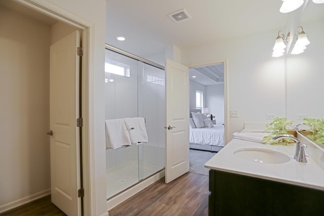 9303 Enstrom Ln, Huntley, IL 60142 - bathroom with double vanity, wood finished floors, connected bathroom, a chandelier, and plenty of natural light