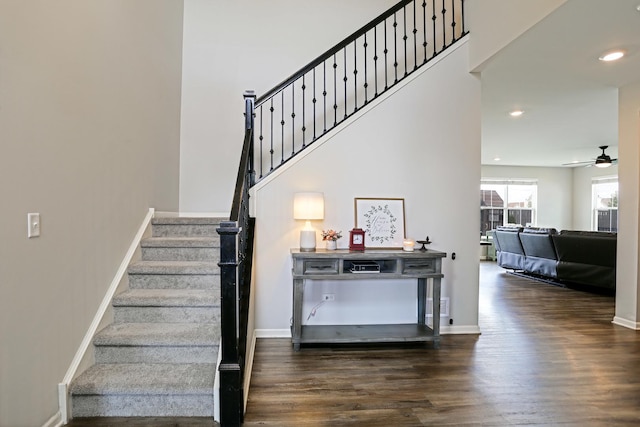 9303 Enstrom Ln, Huntley, IL 60142 - staircase with wood finished floors, ceiling fan, and recessed lighting