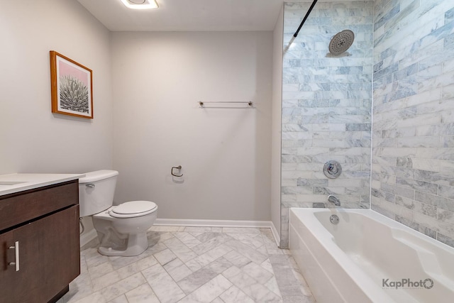 full bath featuring toilet, shower / bathing tub combination, vanity, marble finish floor, and baseboards