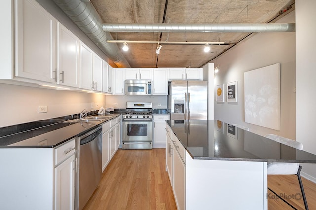 kitchen with light wood finished floors, a sink, dark countertops, track lighting, and appliances with stainless steel finishes