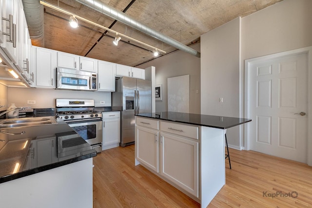 kitchen featuring stainless steel appliances, track lighting, a sink, and light wood-style floors