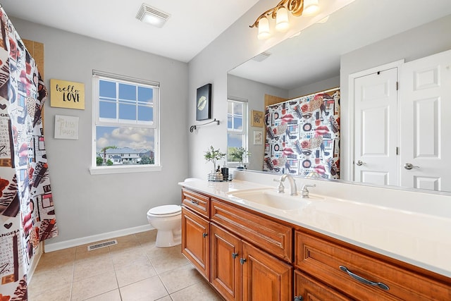 bathroom featuring toilet, visible vents, tile patterned flooring, and vanity