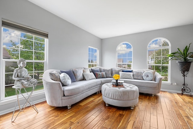 living area with wood-type flooring and baseboards
