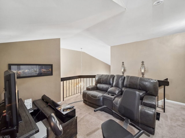 carpeted living room featuring vaulted ceiling