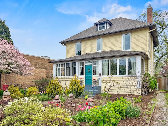 9515 S Damen Ave, Chicago, IL 60643 - american foursquare style home with fence, a shingled roof, a sunroom, entry steps, and a chimney