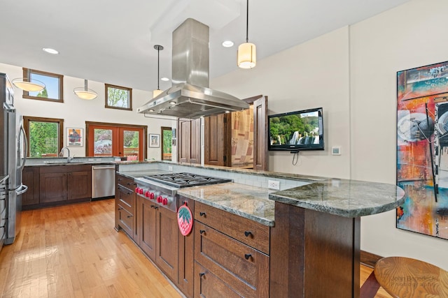 9515 S Damen Ave, Chicago, IL 60643 - kitchen with appliances with stainless steel finishes, a sink, stone countertops, island exhaust hood, and light wood-type flooring