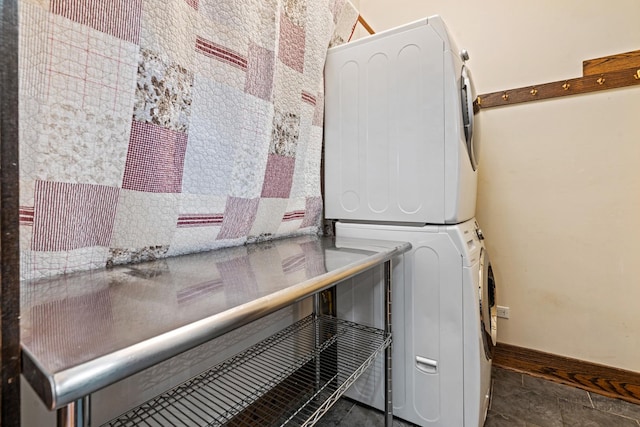 9515 S Damen Ave, Chicago, IL 60643 - clothes washing area featuring laundry area, stacked washer and clothes dryer, and tile patterned flooring