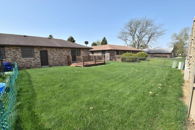 view of yard featuring a fenced backyard and a wooden deck