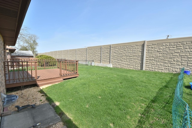 view of yard featuring a wooden deck and a fenced backyard