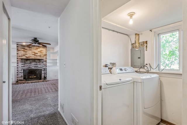 5116 Beechwood Ave, Gurnee, IL 60031 - clothes washing area featuring electric panel, separate washer and dryer, ceiling fan, a fireplace, and carpet flooring