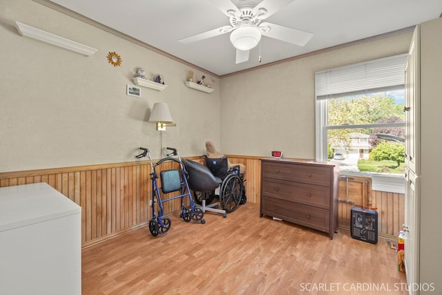 212 S River Rd, Naperville, IL 60540 - office space featuring light wood finished floors, ornamental molding, ceiling fan, wainscoting, and wooden walls
