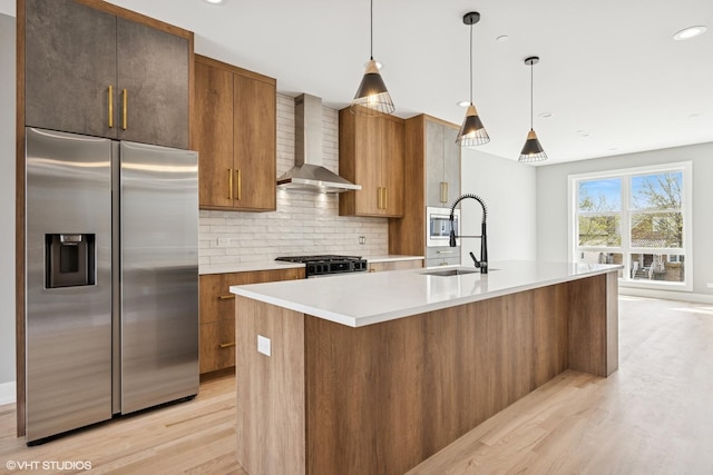 kitchen featuring light countertops, a sink, wall chimney exhaust hood, light wood-style floors, and stainless steel appliances