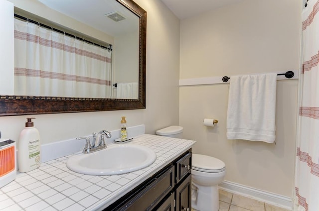 full bathroom with tile patterned flooring, visible vents, toilet, vanity, and baseboards
