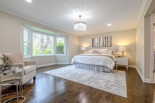 bedroom with baseboards, a chandelier, and ornamental molding