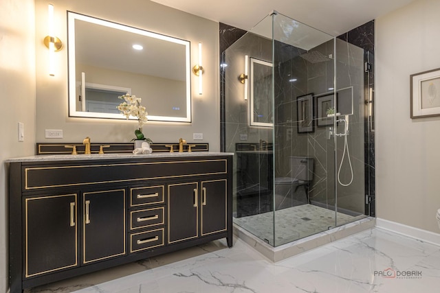 full bath featuring a sink, baseboards, a marble finish shower, and marble finish floor