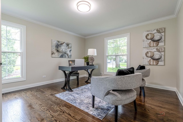 office with crown molding, baseboards, dark wood-style flooring, and a wealth of natural light