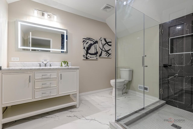 full bathroom featuring toilet, a marble finish shower, marble finish floor, baseboards, and visible vents