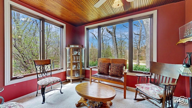 living area featuring wood ceiling, a ceiling fan, baseboards, and carpet floors