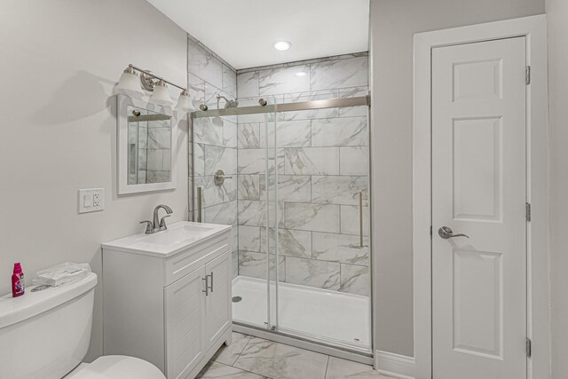 bathroom with toilet, recessed lighting, marble finish floor, a shower stall, and vanity