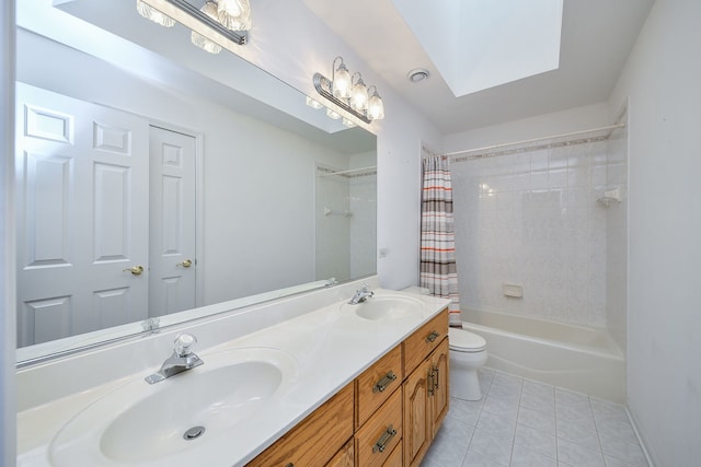 802 Ridgelawn Trl, Batavia, IL 60510 - full bathroom with tile patterned floors, double vanity, toilet, shower / bath combination with curtain, and a skylight