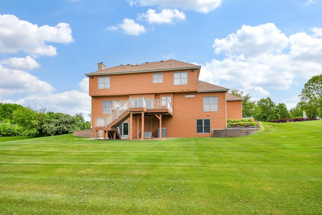 802 Ridgelawn Trl, Batavia, IL 60510 - rear view of property featuring stairs, a chimney, a wooden deck, and a lawn
