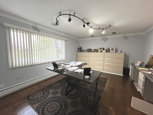 office area featuring track lighting, crown molding, and dark wood-style flooring